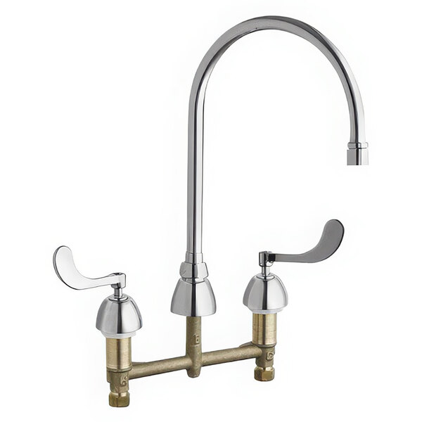 A chrome Chicago Faucets deck-mounted faucet with two handles.