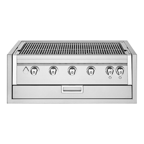 A stainless steel Crown Verity built-in grill with knobs.