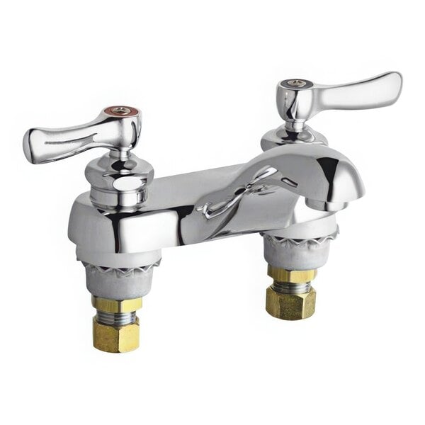 A Chicago Faucets deck-mounted faucet with two handles and a chrome finish.
