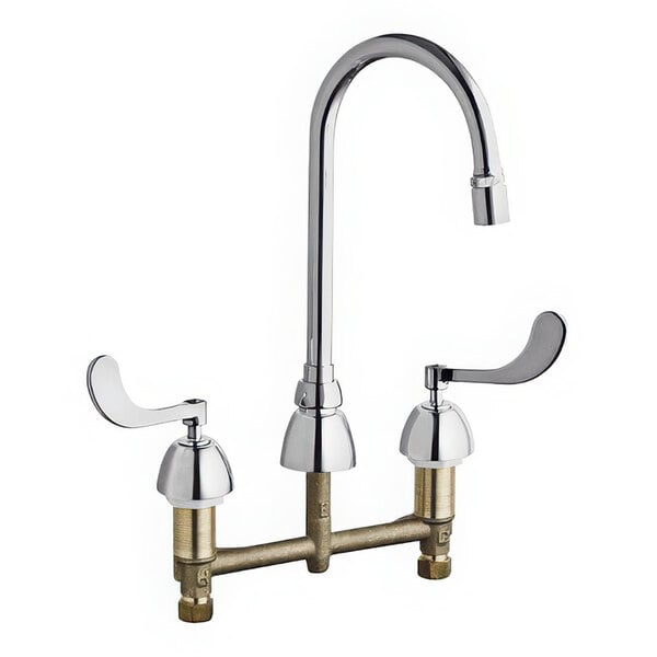 A Chicago Faucets deck-mounted faucet with two handles on a white background.