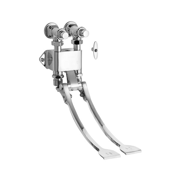 A close-up of a Chicago Faucets metal foot pedal with two levers.