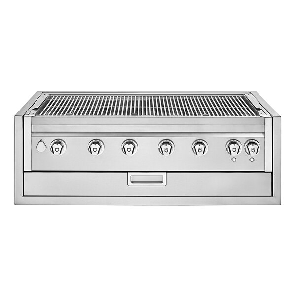 A stainless steel Crown Verity built-in grill with four burners and knobs.