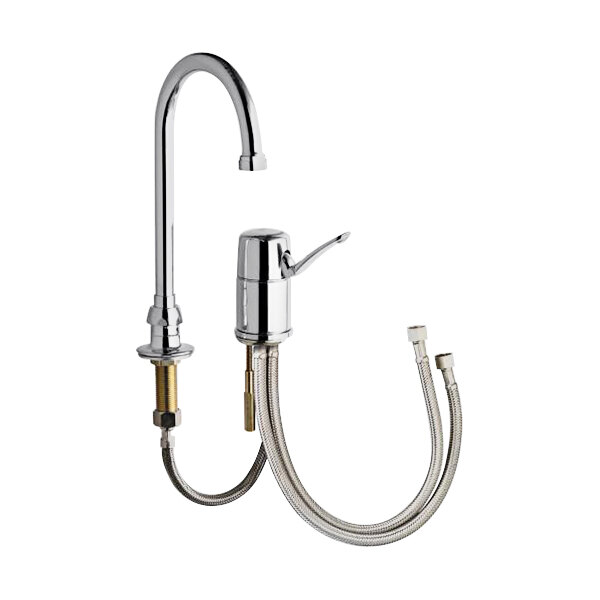 A Chicago Faucets deck-mounted faucet with a gooseneck spout and hose attached.