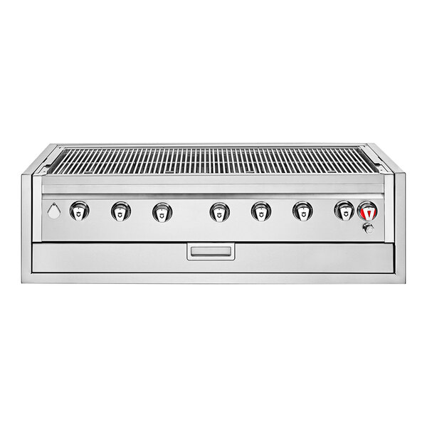 A stainless steel Crown Verity built-in natural gas grill on a counter.