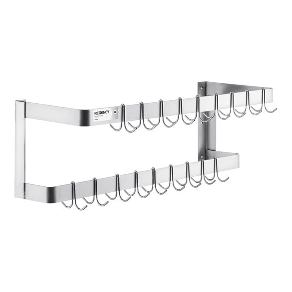 Regency 36" Stainless Steel Wall Mounted Double Line Pot Rack with 18 Galvanized Double Prong Hooks