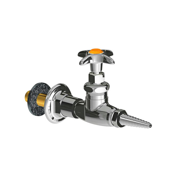 A silver Chicago Faucets laboratory faucet with a yellow knob.