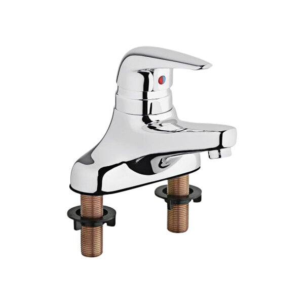 A Chicago Faucets deck-mounted faucet with a chrome finish and two handles.