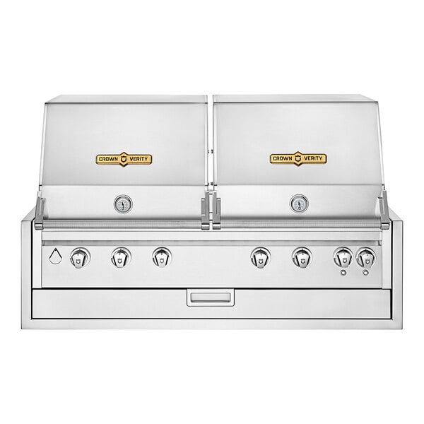 A stainless steel Crown Verity built-in grill with two roll domes over the burners.