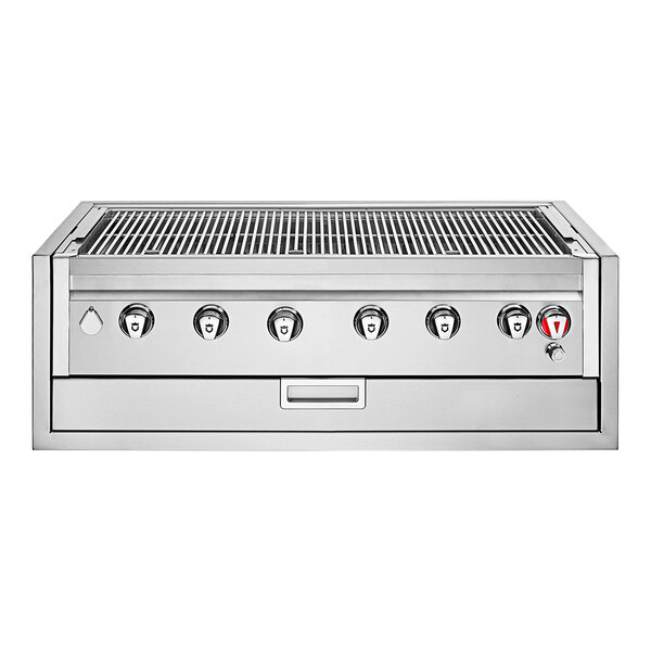 A close-up of a Crown Verity stainless steel built-in grill with four burners.