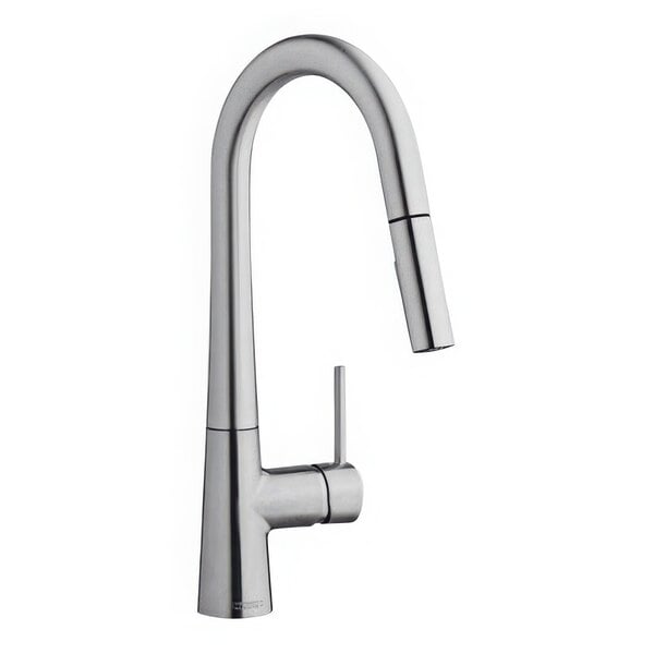 A Chicago Faucets deck-mounted kitchen faucet with a pull-down spout and single handle.