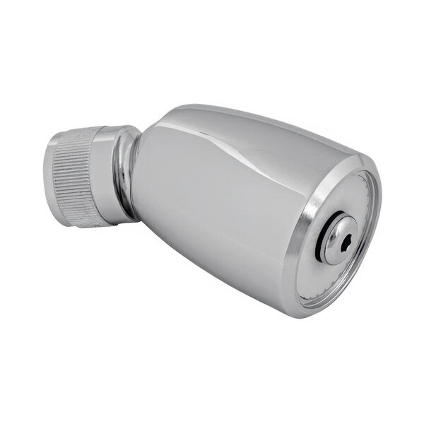A chrome Chicago Faucets showerhead with a swivel ball joint.