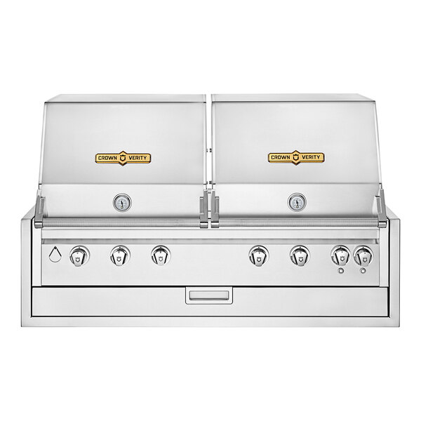 A Crown Verity built-in stainless steel grill with two roll domes over the burners.