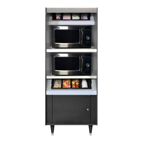 A black All State Manufacturing condiment stand with high and low trays on shelves.