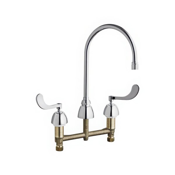 A Chicago Faucets deck-mounted faucet with levers and brass accents.