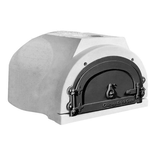 A white Chicago Brick Oven wood-fired pizza oven with black accents.