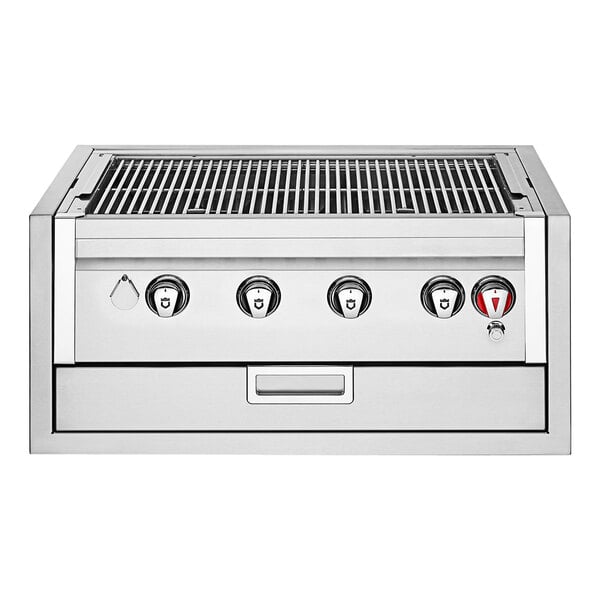 A close-up of a stainless steel Crown Verity built-in grill with knobs.