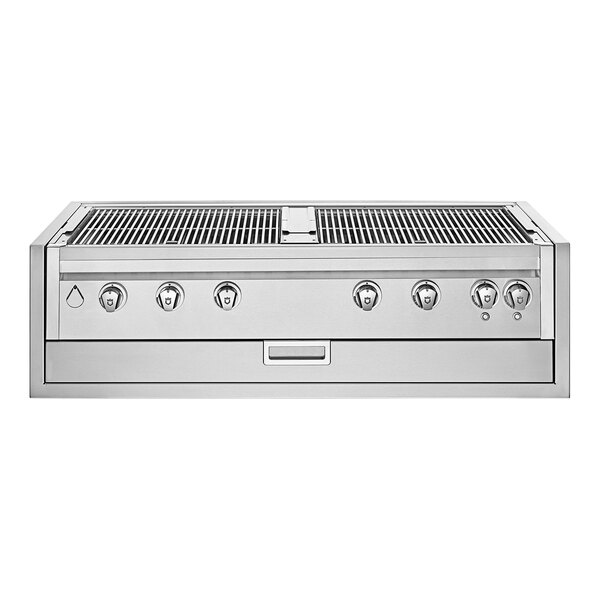 A stainless steel Crown Verity built-in grill with four burners and knobs.