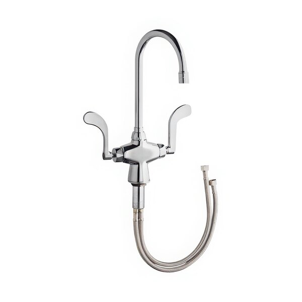 A Chicago Faucets deck-mounted faucet with a gooseneck spout and hose attachment.