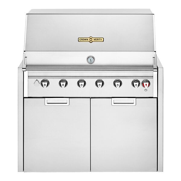 A stainless steel Crown Verity modular grill with knobs and drawers.