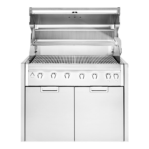 A stainless steel Crown Verity portable outdoor grill with two doors.