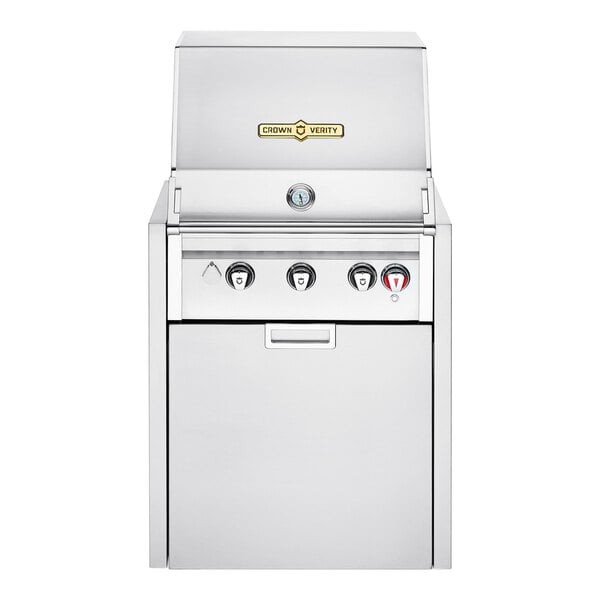 A stainless steel Crown Verity portable outdoor grill with two burners.