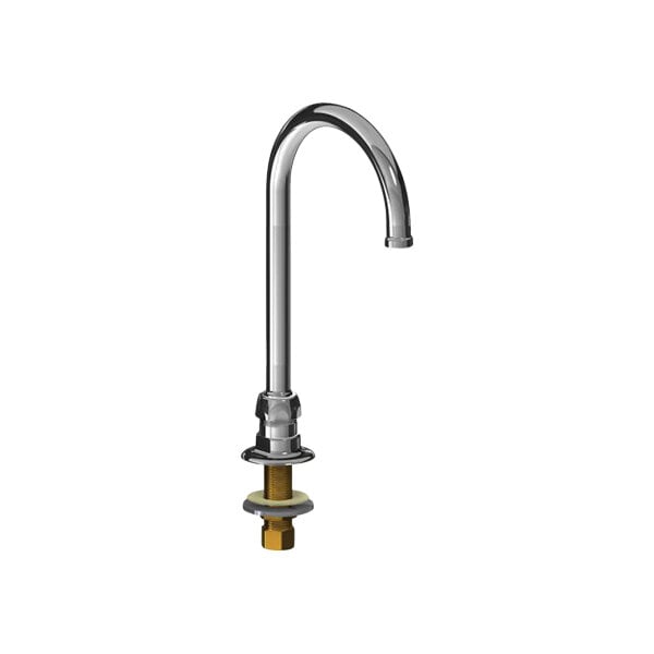 A silver Chicago Faucets deck-mounted gooseneck faucet with brass accents.