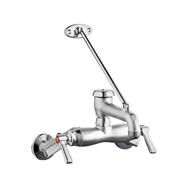 A close-up of a silver Chicago Faucets wall-mounted mop sink faucet with a handle.