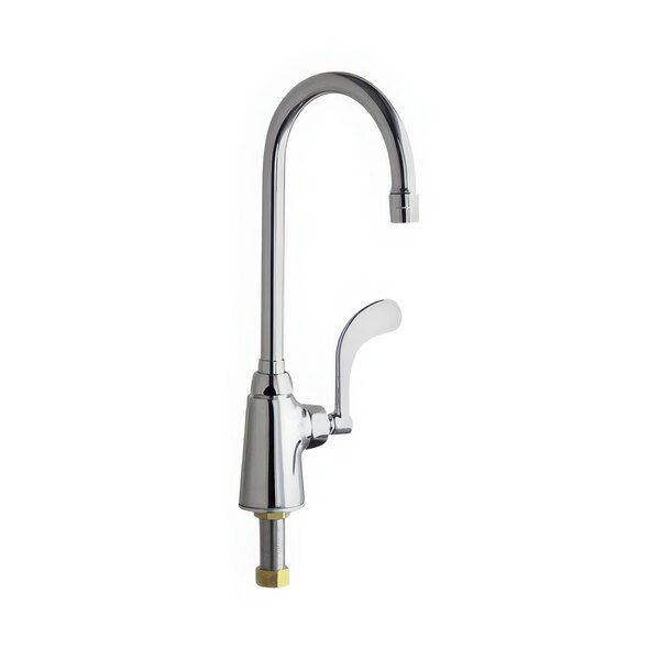 A Chicago Faucets deck-mounted faucet with a silver gooseneck spout and yellow handle.