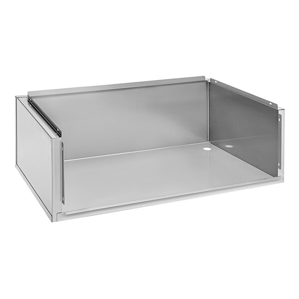 A metal box with a clear lid on a metal shelf.