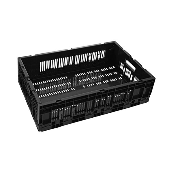 A black plastic crate with holes on the side.