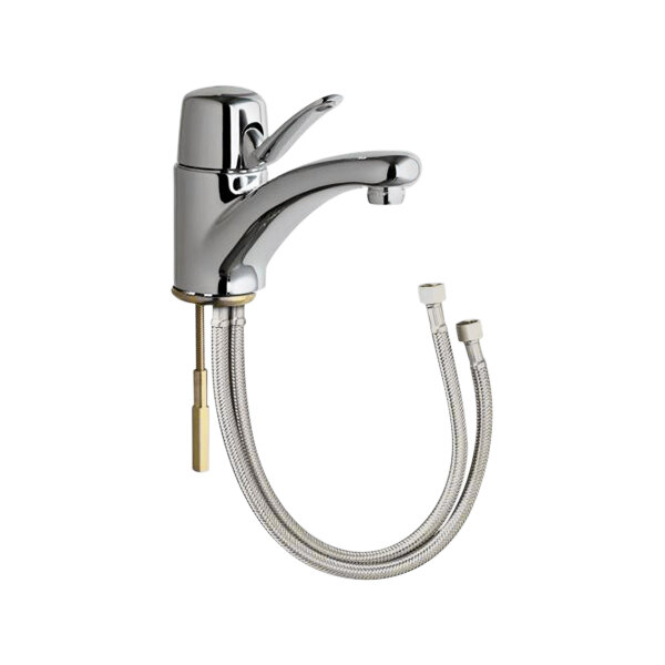 A close-up of a silver Chicago Faucets deck-mounted faucet with a hose attached.