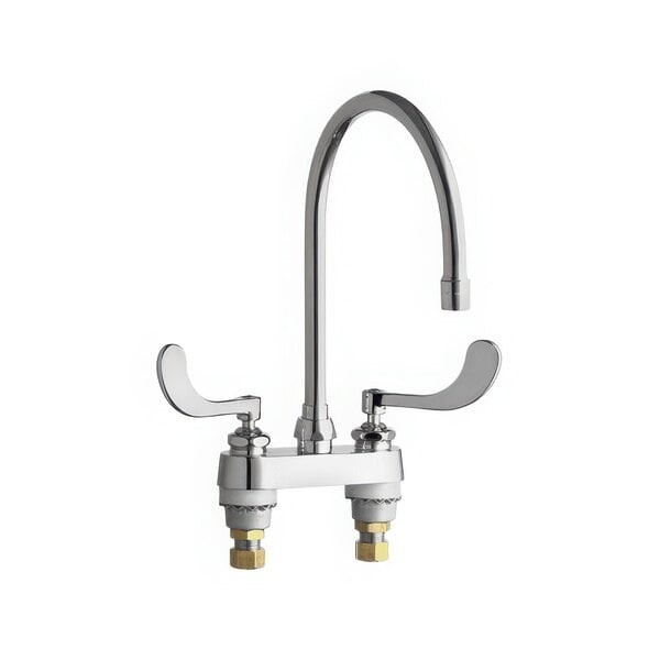 A silver Chicago Faucets deck-mounted faucet with two handles.