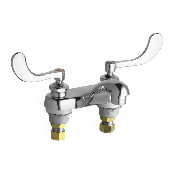 A Chicago Faucets deck-mounted faucet with two handles and a chrome finish.