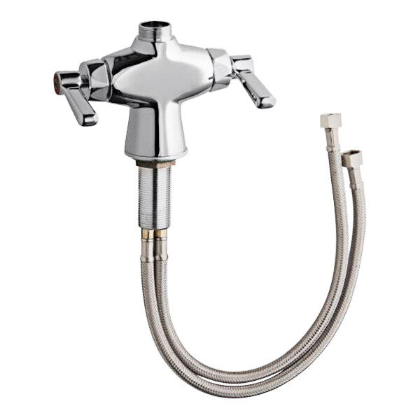 A silver Chicago Faucets deck-mounted faucet base with 2 3/8" lever handles.