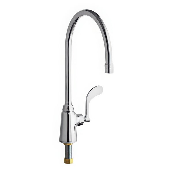 A close-up of a silver Chicago Faucets deck-mounted faucet with a yellow brass handle.