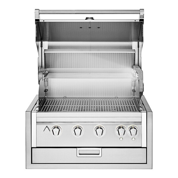 A stainless steel Crown Verity built-in grill with knobs and a lid.