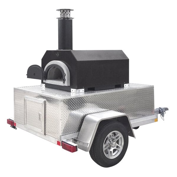 The back of a small metal trailer with a black Chicago Brick Oven.