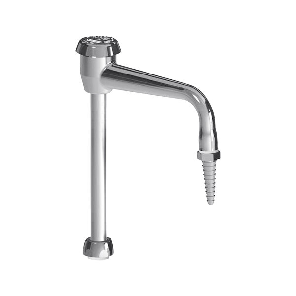 A close-up of a silver Chicago Faucets gooseneck spout with a screw.