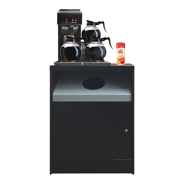 A black All State Manufacturing coffee stand with a coffee maker on the counter.
