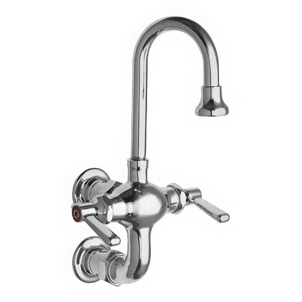 A silver Chicago Faucets wall-mounted faucet with a gooseneck spout.