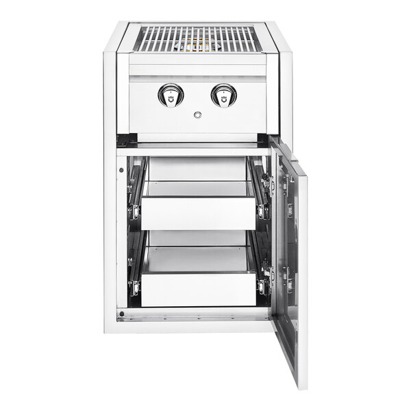 A stainless steel metal cabinet with drawers open containing a stainless steel Crown Verity built-in barbecue grill.