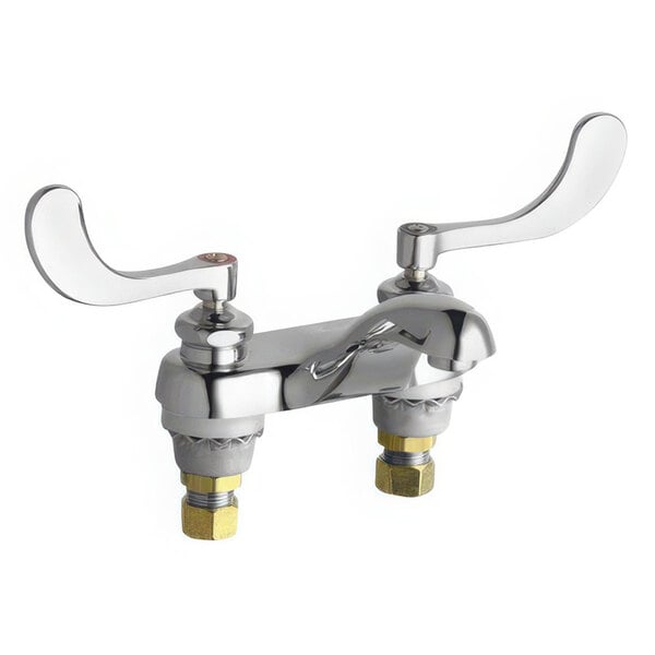 A chrome Chicago Faucets deck-mounted faucet with two handles.
