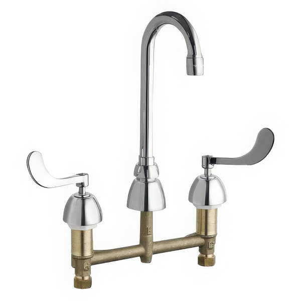 A Chicago Faucets deck-mounted faucet with gooseneck spout and two handles.