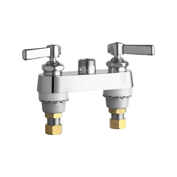A silver Chicago Faucets deck-mounted faucet base with two lever handles.