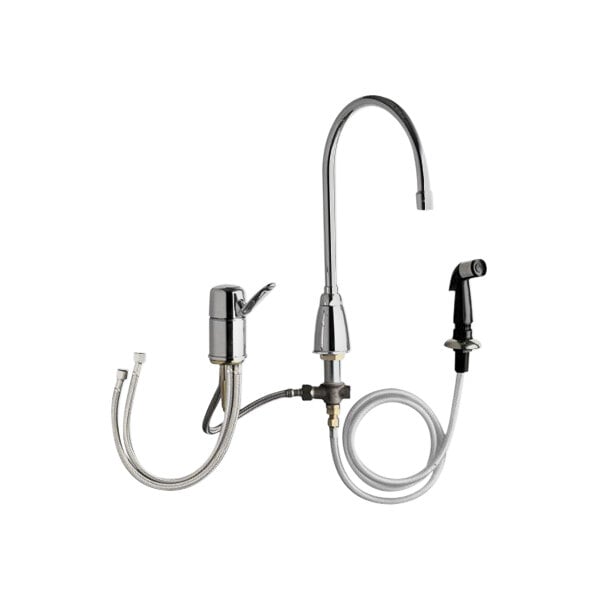 A Chicago Faucets deck-mounted single lever faucet with gooseneck spout, side spray, and hoses.