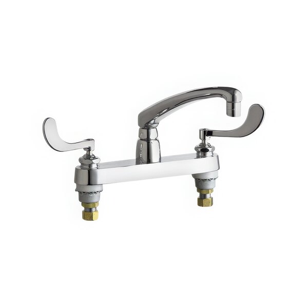 A Chicago Faucets chrome deck-mounted faucet with two L-type handles.