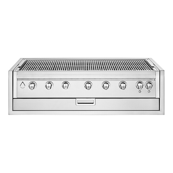 A stainless steel Crown Verity built-in grill with knobs on a counter.