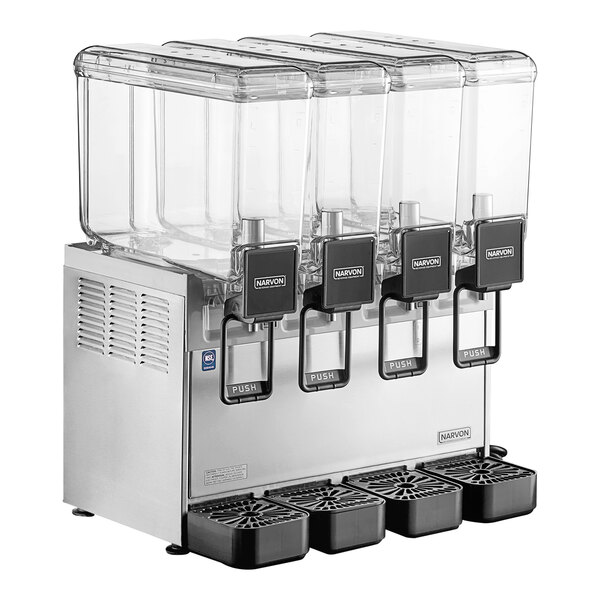 A Narvon refrigerated beverage dispenser with four clear containers.