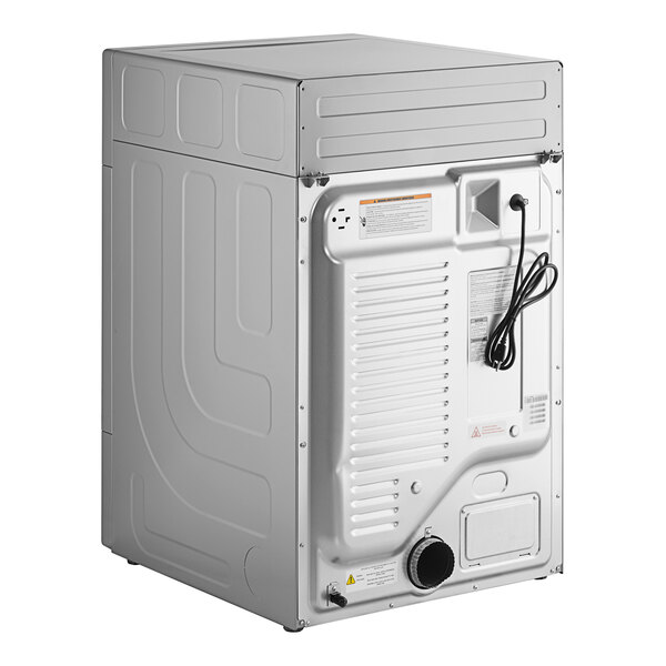 A white rectangular commercial dryer with a black cord.