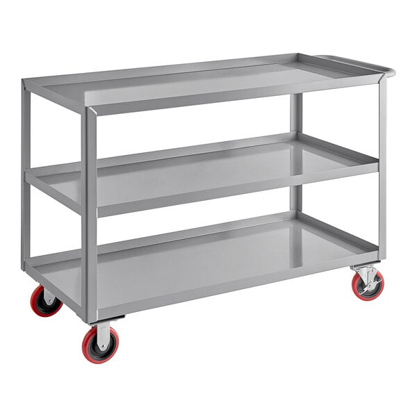 A grey metal Lavex utility cart with red wheels.